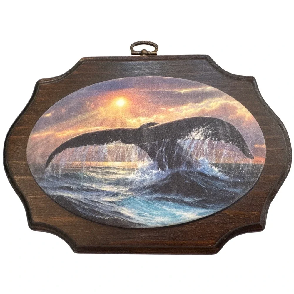 Vintage Whale Tail Sunset Wood Wall Plaque Nautical Coastal Decor Scalloped Art
